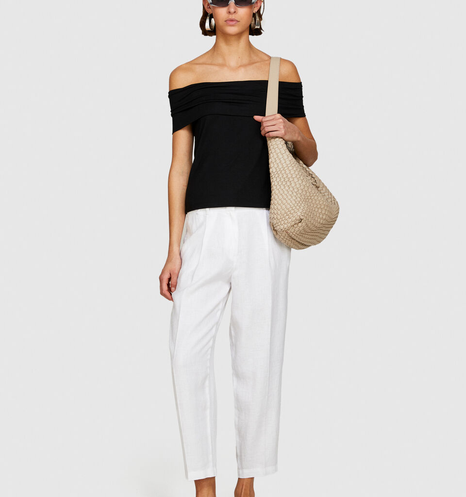 100% linen barrel leg trousers - women's carrot fit trousers - White | Sisley image number 1